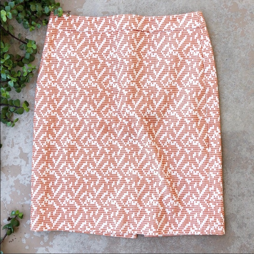 J Crew White Orange Embroidered Ikat Pencil Skirt